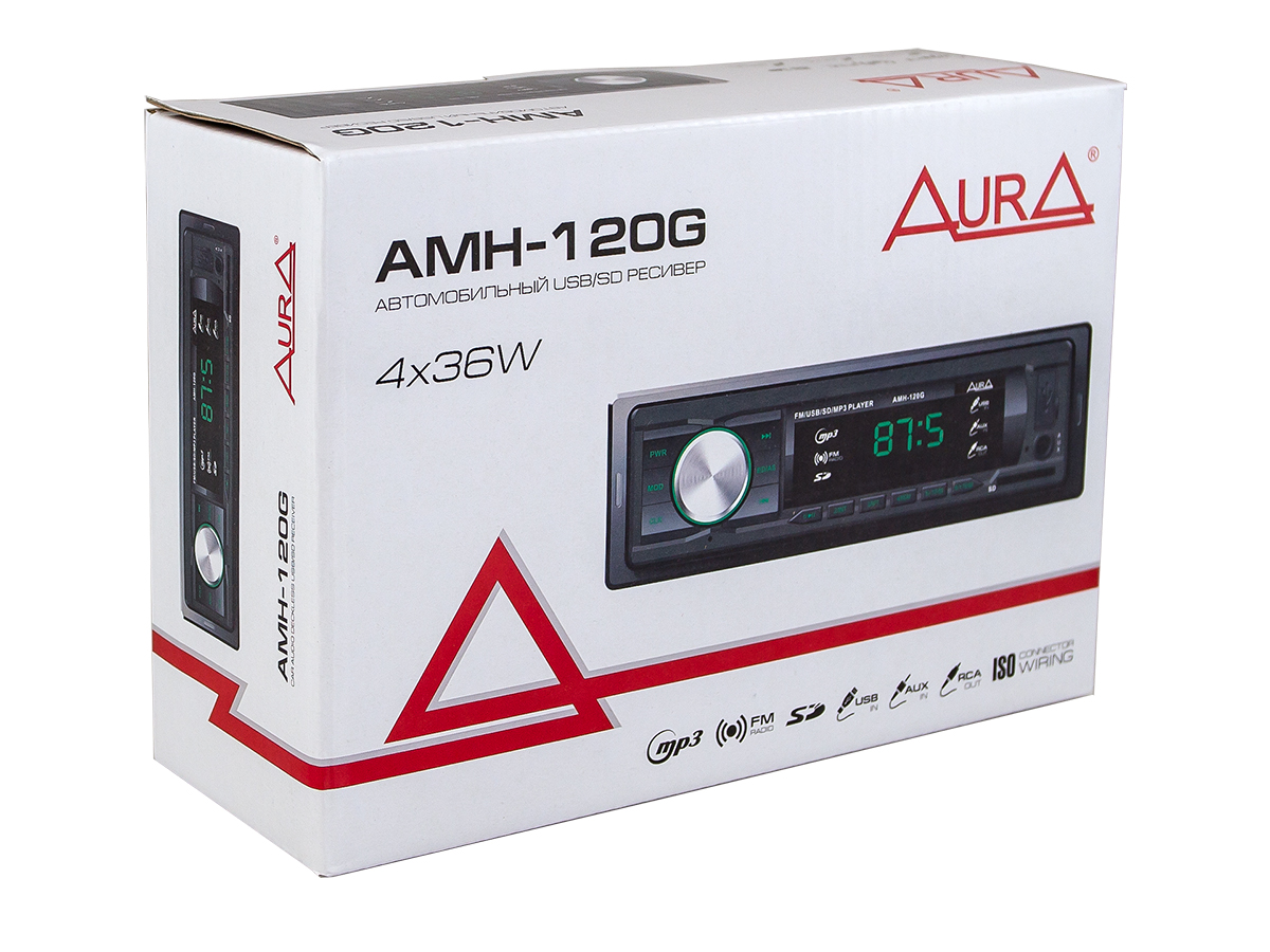 Автомагнитола 1din. aura amh-120g /зелёная/usb/sd/fm AURA AMH120G