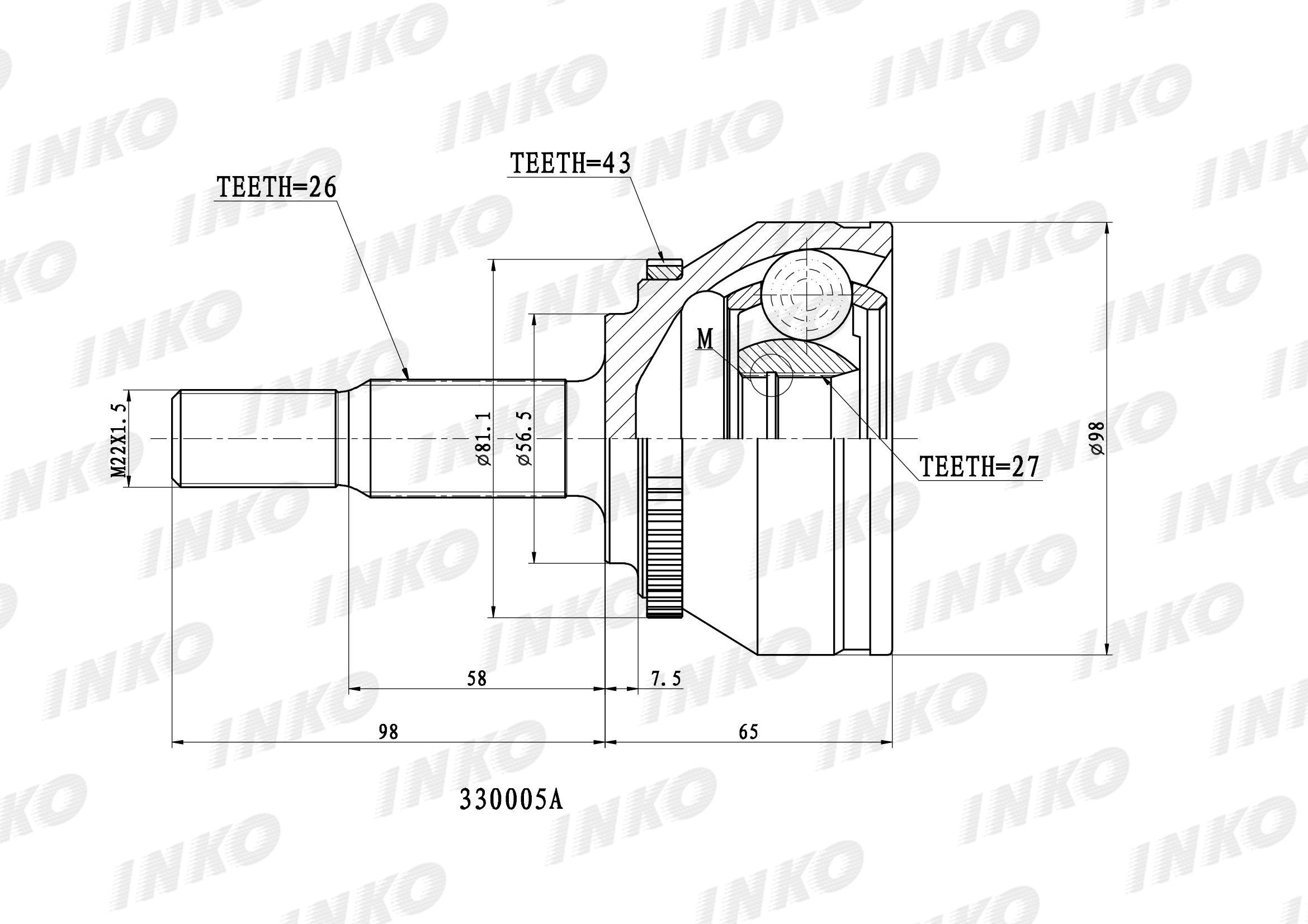 Шрус внешний 26/27 abs 43 INKO 330005A